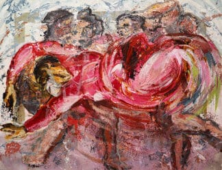 Creation Motion by Ron Reekers, expressive mixed-media figurative artwork inspired by Michelangelo's creation imagery in the Sistine Chapel.