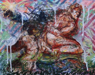 Sistine Revisited mixed-media figurative artwork inspired by Michelangelo’s Sistine Chapel, with layered figures, expressive marks, color and texture.
